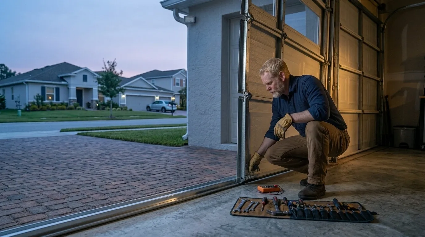 Garage door technician repairing a residential garage door in Kent Washington