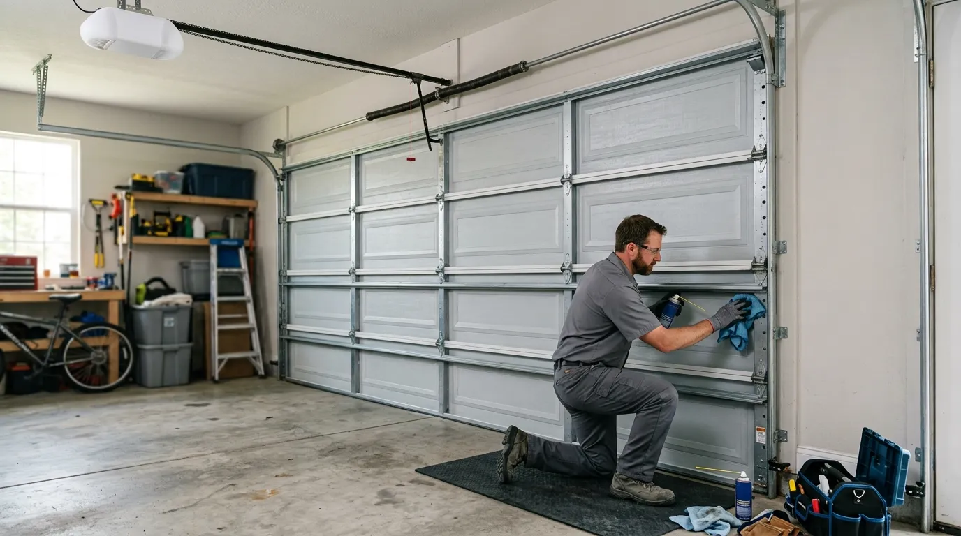 Garage door technician inspecting springs rollers tracks and opener in Kent Washington